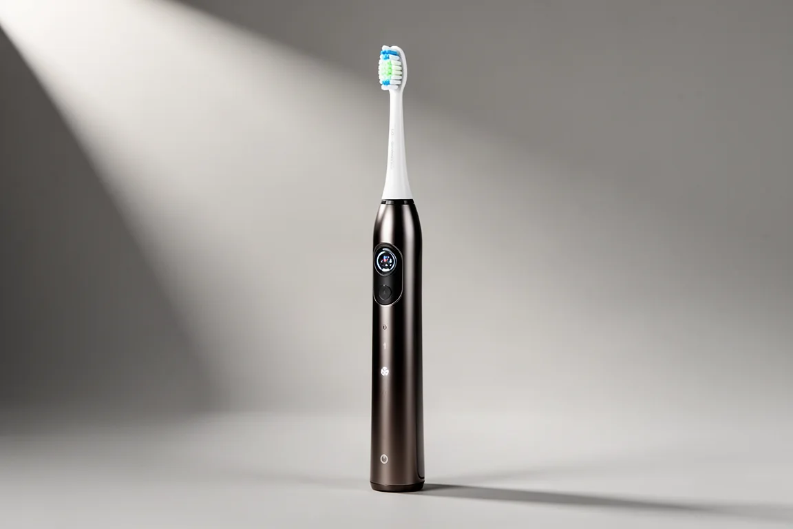 Three premium electric toothbrushes arranged on a matte white surface