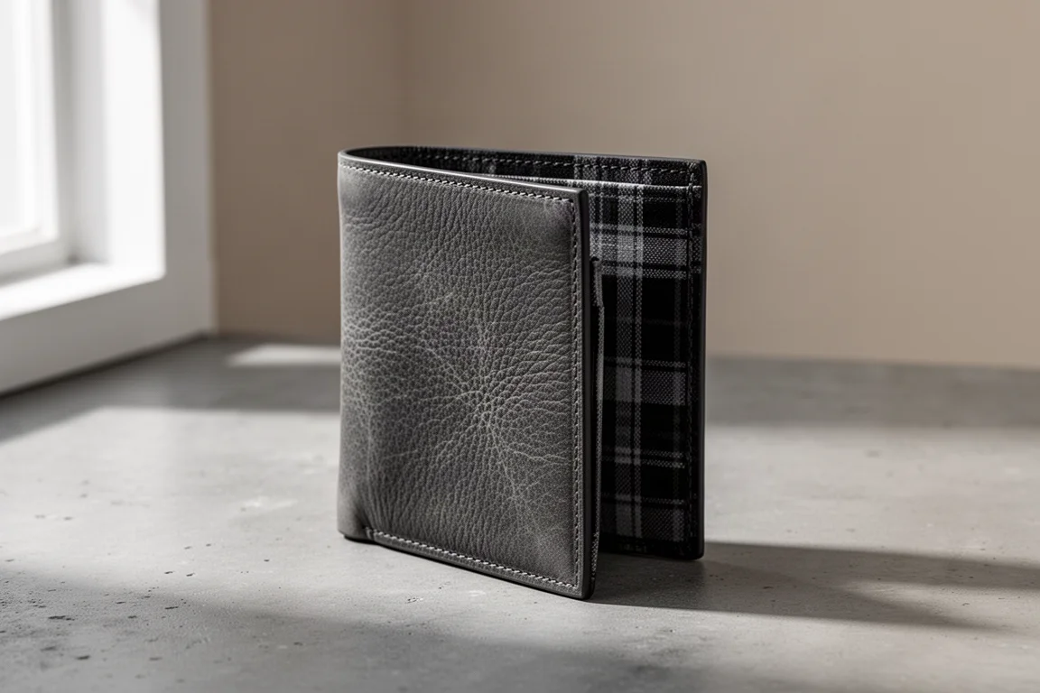 Donkergrijze leren minimalistische bifold portemonnee met zwart-grijze tartan voering op een betonnen ondergrond