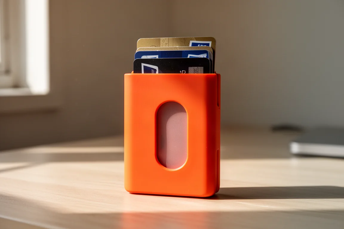 Oranje hardshell-portemonnee rechtop staand met de duimuitsparing zichtbaar