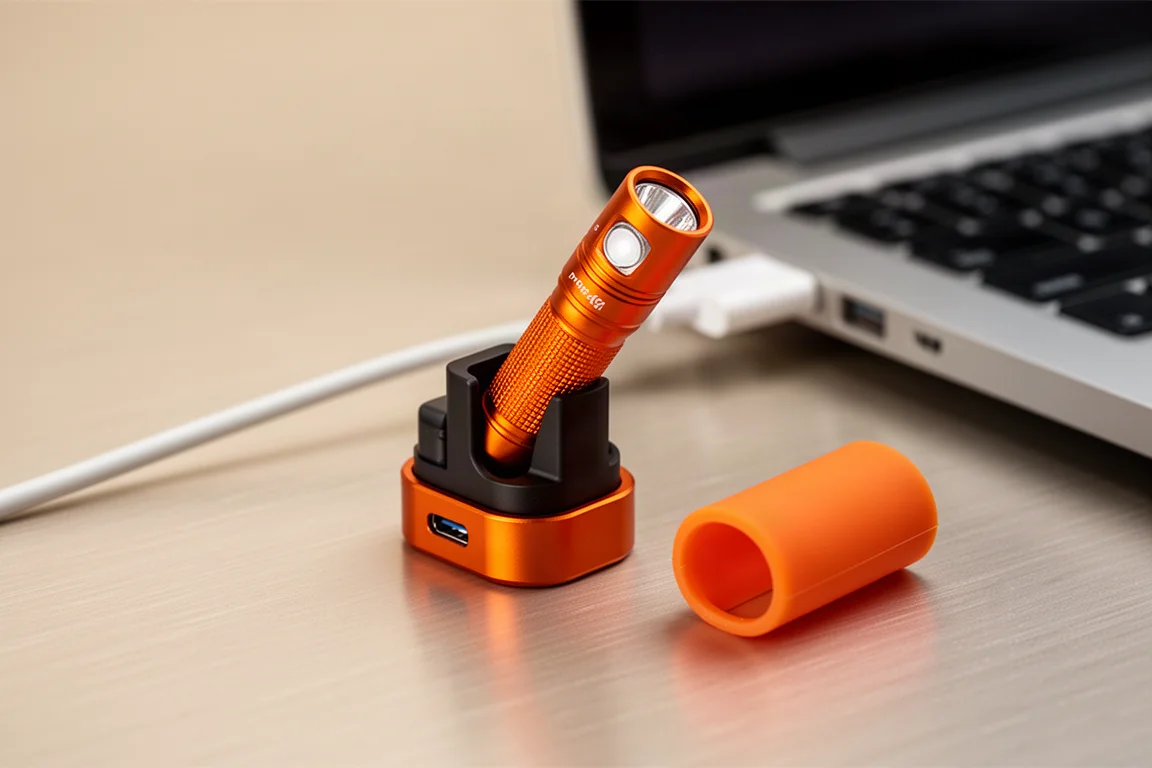 Piepkleine zaklamp geklikt in zijn USB-oplaadstation op een nachtkastje