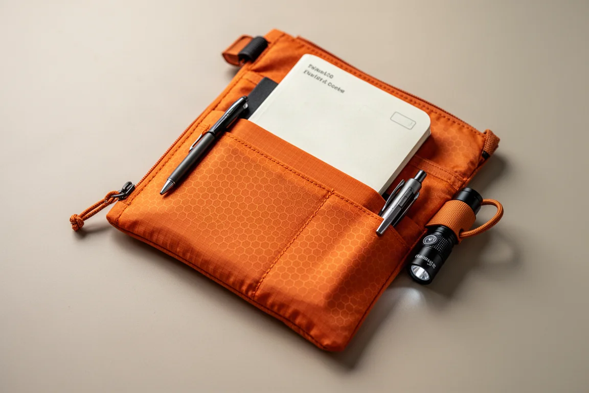 Slank oranje EDC-etui open op tafel met gereedschap dat erin wordt gepakt