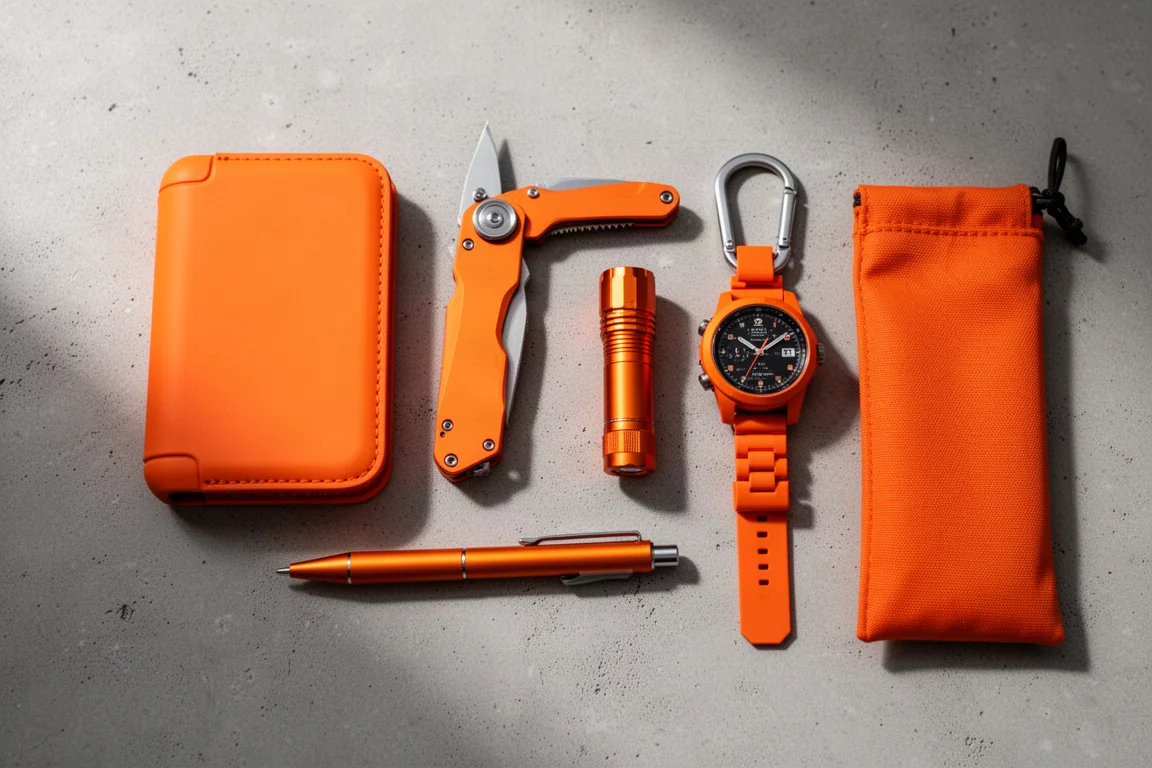 Flat-lay of an orange-themed everyday carry kit including wallet, knife, flashlight, watch, pen, and pouch
