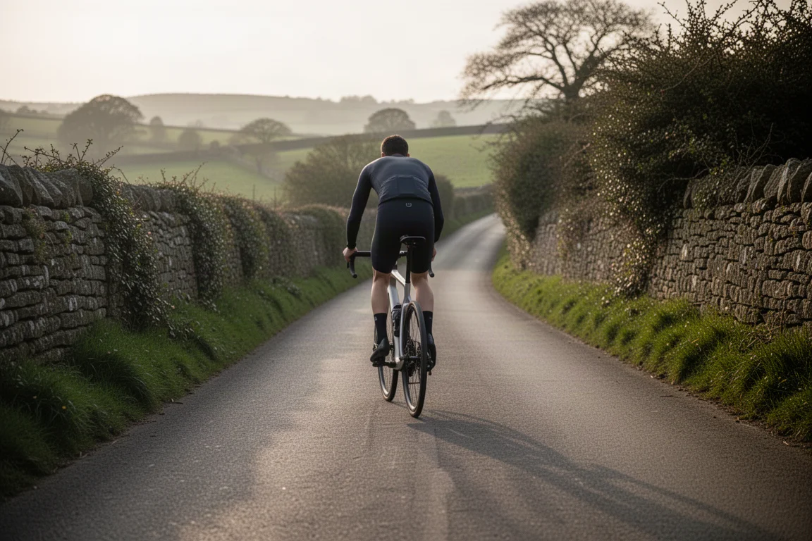 Ciclista su una bici da strada slanciata lungo una tranquilla strada di campagna nella luce del mattino