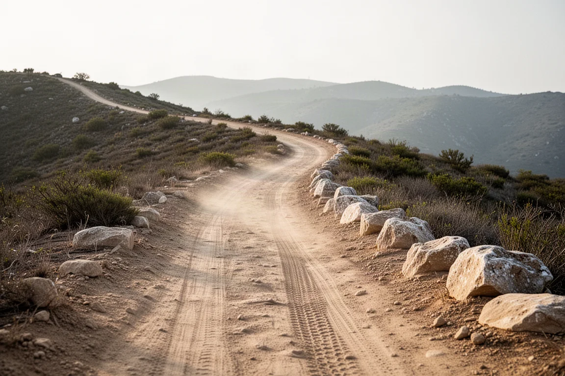 Zakurzony singletrack cross-country pnący się przez suche, otwarte wzgórza w jasnym słońcu