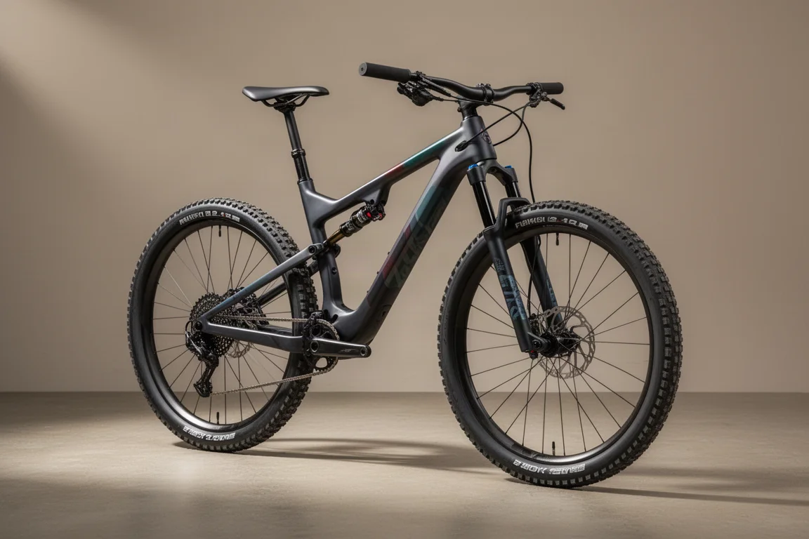 Mountain bike cross-country full-suspension con ruote in carbonio fotografata su una superficie in cemento