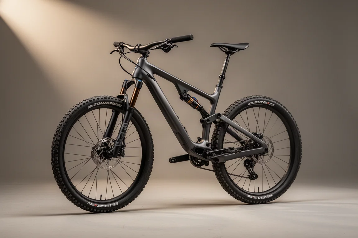 Volledig geveerde cross-country mountainbike met donker frame en carbon cockpit op een grijze achtergrond