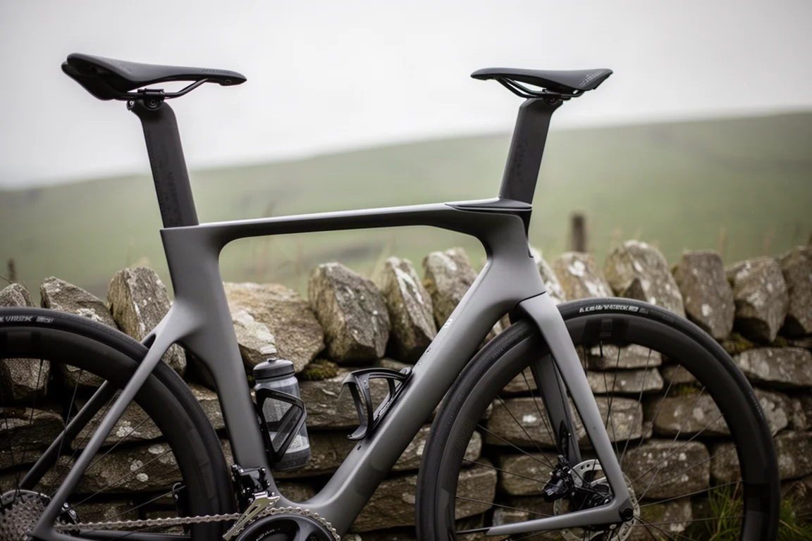 Detail eines Aero-Rennrad-Hinterbaus vor einer Trockenmauer