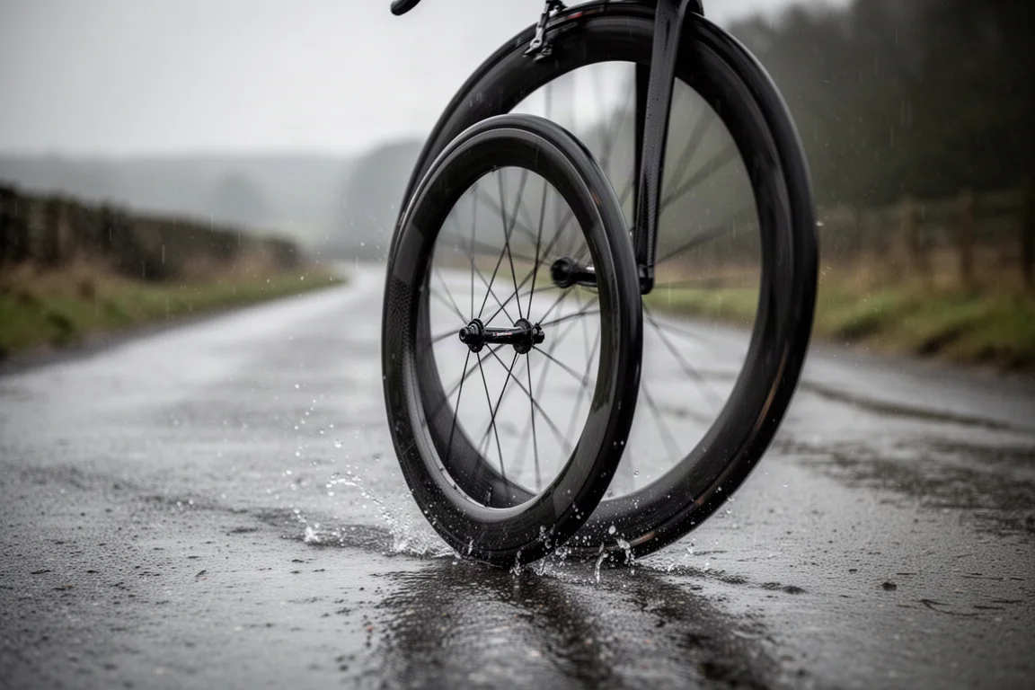 Tiefes Carbon-Laufrad rollt auf nassem Asphalt und wirbelt Wasser auf