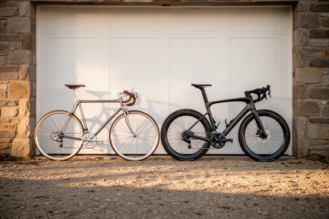 Klassisches Felgenbremsrad und modernes Aero-Rennrad lehnen an einer Garagenwand