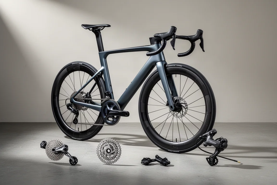Bici da strada aerodinamica con ruote in carbonio a profilo alto su cemento grigio accanto ai componenti della trasmissione