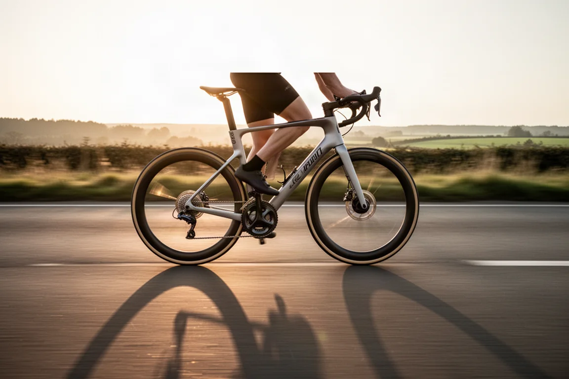Aero-Rennrad rollt zur goldenen Stunde schnell über eine lange, flache, offene Straße