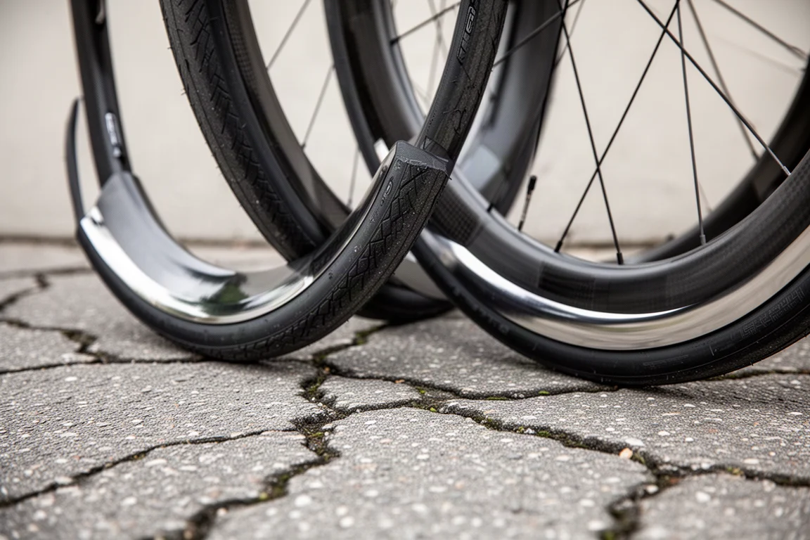 Nahaufnahme von breiten Rennradreifen auf tiefen Carbonfelgen auf rauem Asphalt