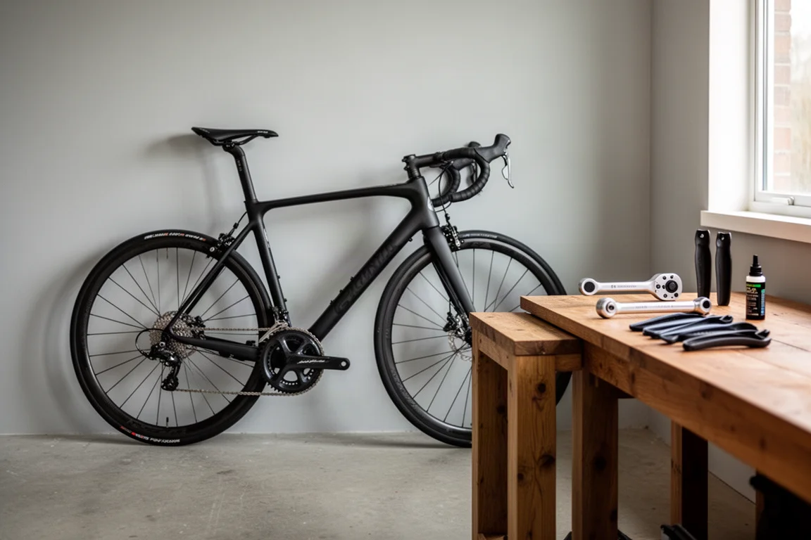 Aero-Rennrad lehnt an einer schlichten Wand in einer aufgeräumten Heimwerkstatt