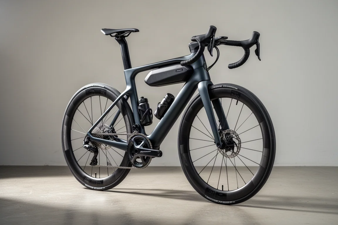 Bici da strada aerodinamica con ruote in carbonio a profilo alto e box di stoccaggio sul tubo obliquo su cemento