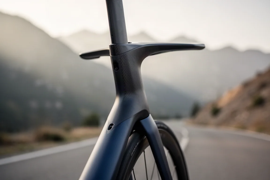 Bici da strada aero che sfreccia su una strada di campagna deserta nell'ora d'oro
