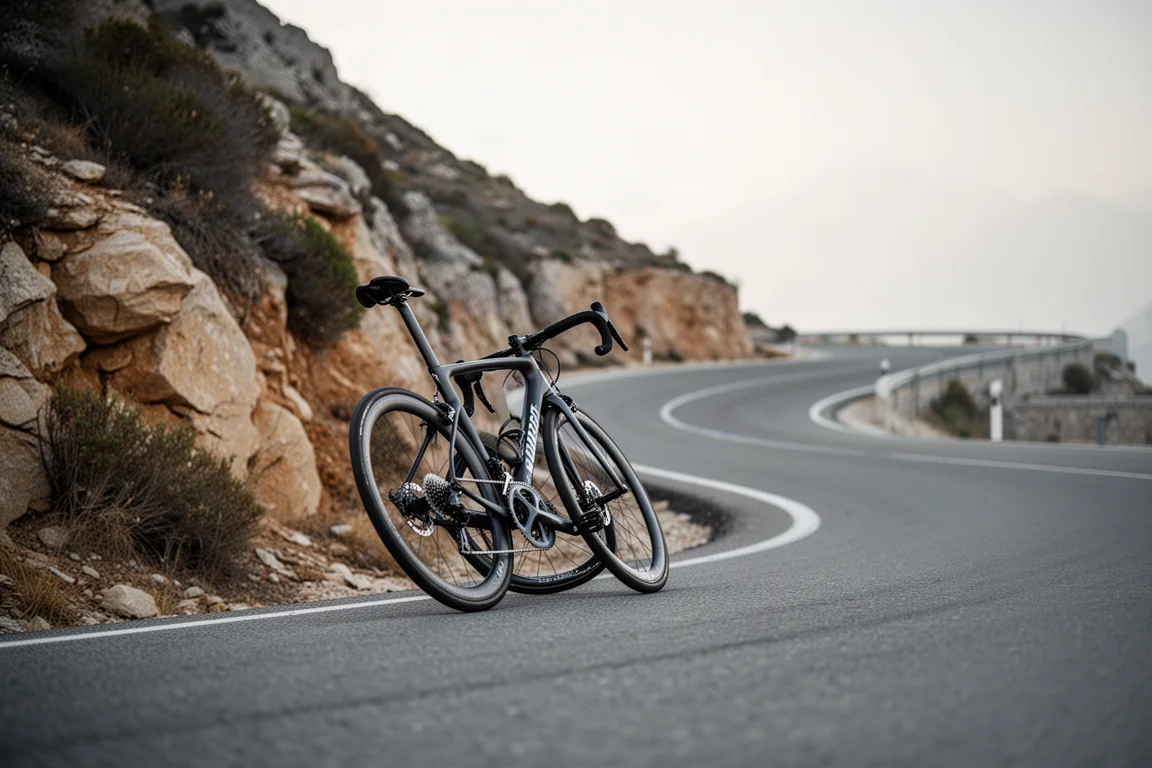 Ciclista su strada che curva forte su un circuito in asfalto liscio