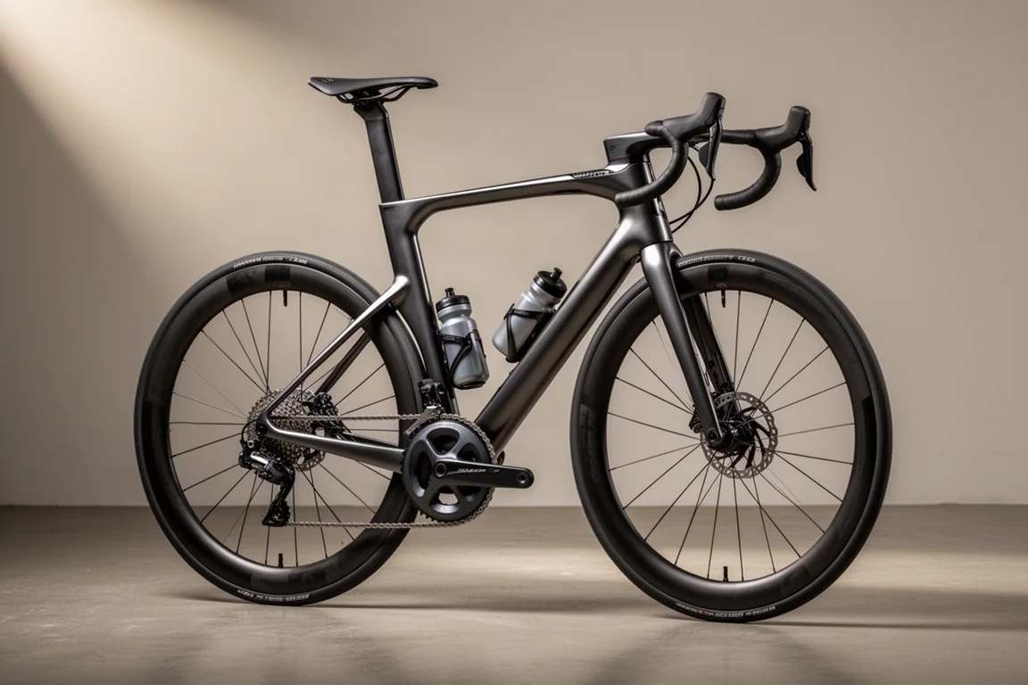 Bici da strada aero bianca con ruote in carbonio profonde fotografata su uno sfondo grigio neutro