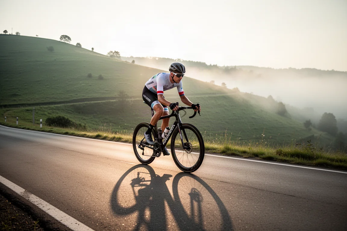 Road cyclist climbing a smooth tarmac hill road in early morning light