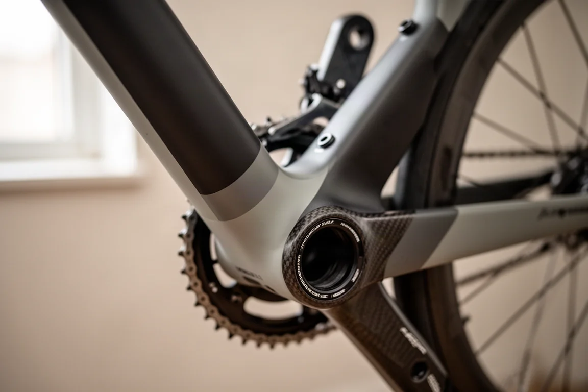 Close-up of an oversized road bike down tube meeting the bottom bracket