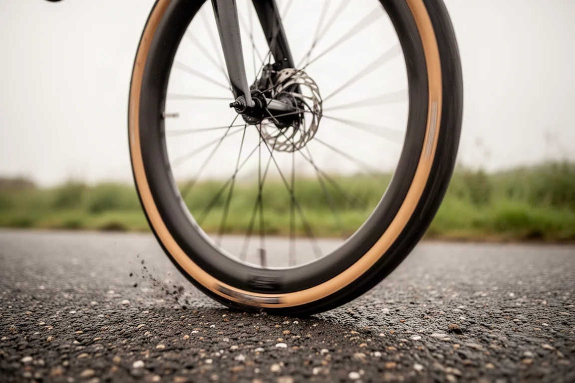 Wide tubeless road tyres rolling over coarse chip-seal tarmac