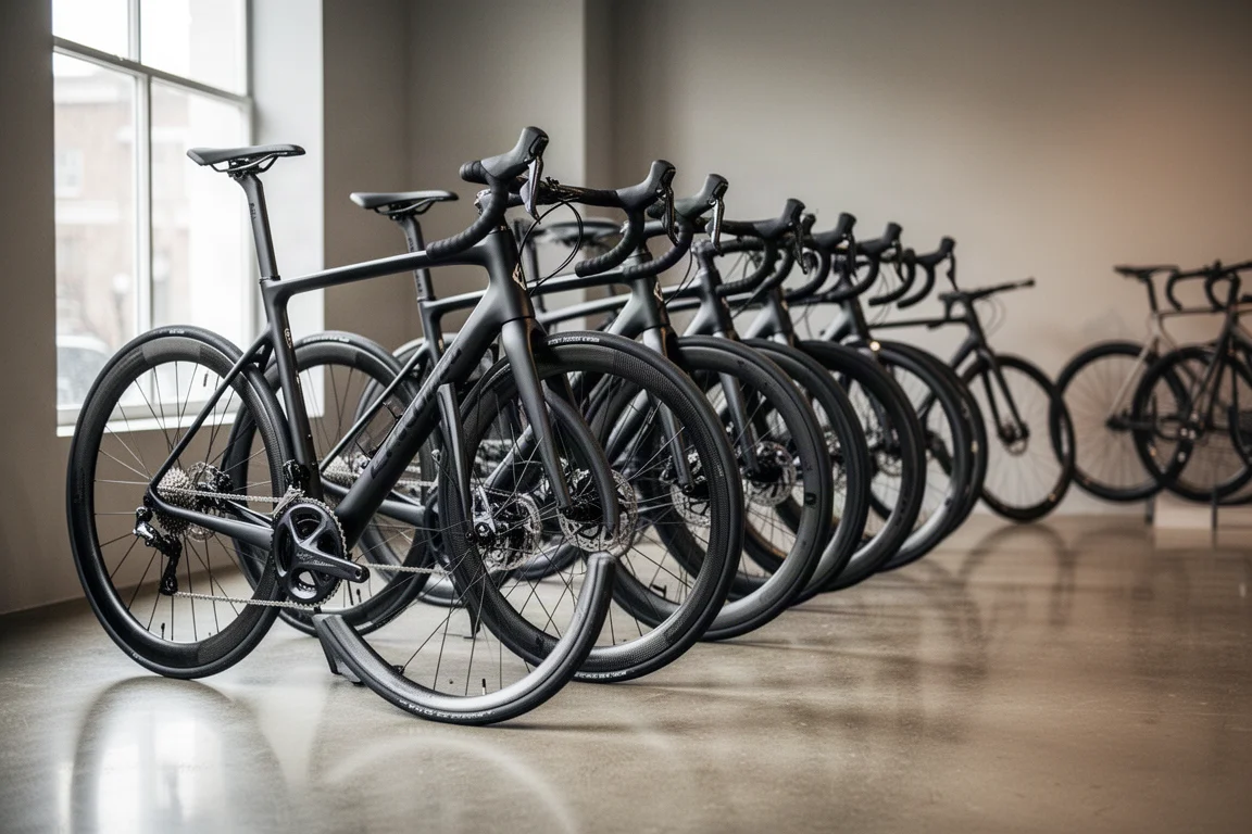 Road bikes lined up in a softly lit bicycle showroom