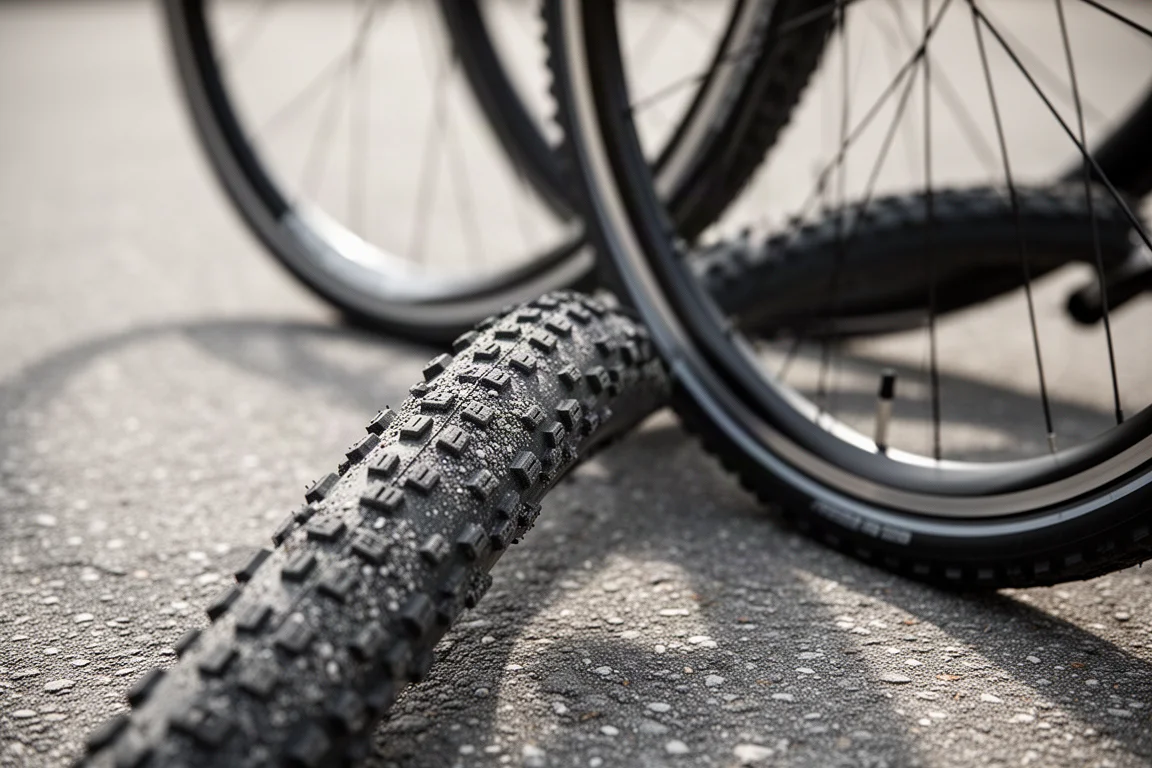 Primo piano di uno pneumatico gravel tassellato accanto a uno pneumatico da strada liscio su asfalto ruvido