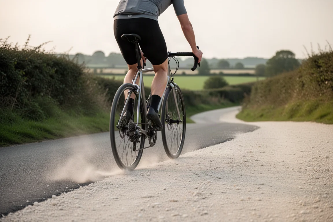 Ciclista che passa dall'asfalto a uno sterrato nella luce del tardo pomeriggio