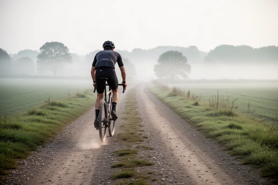 Gravel-Fahrer, der auf einer offenen Landstrecke den lockeren Weg vor sich scannt
