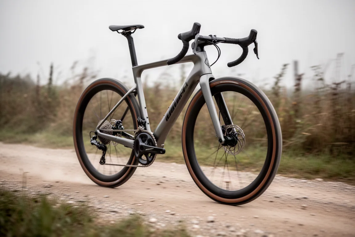Aero-Gravelbike mit tiefen Felgen auf einer schnellen Gravelstraße