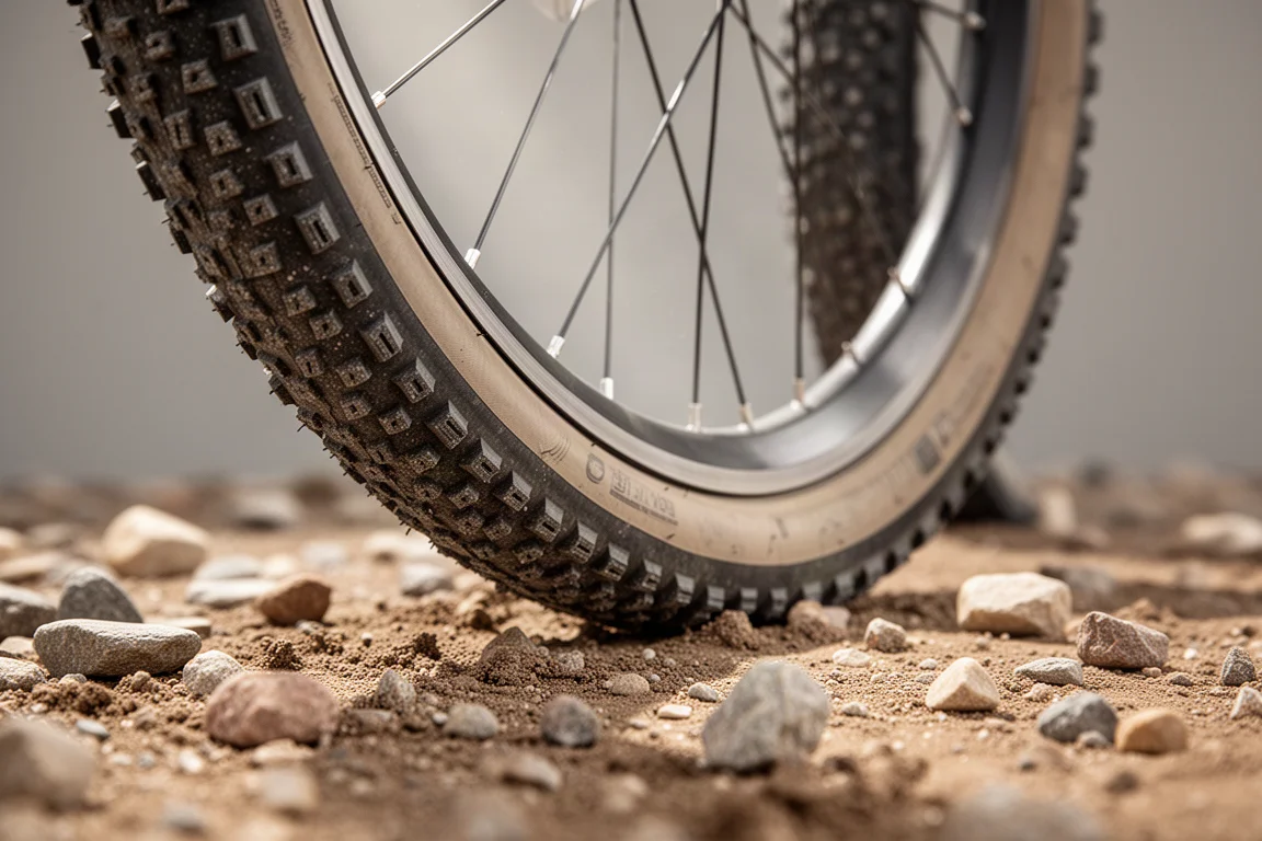 Nahaufnahme von Gravel-Reifenprofil und Felge auf felsigem Untergrund