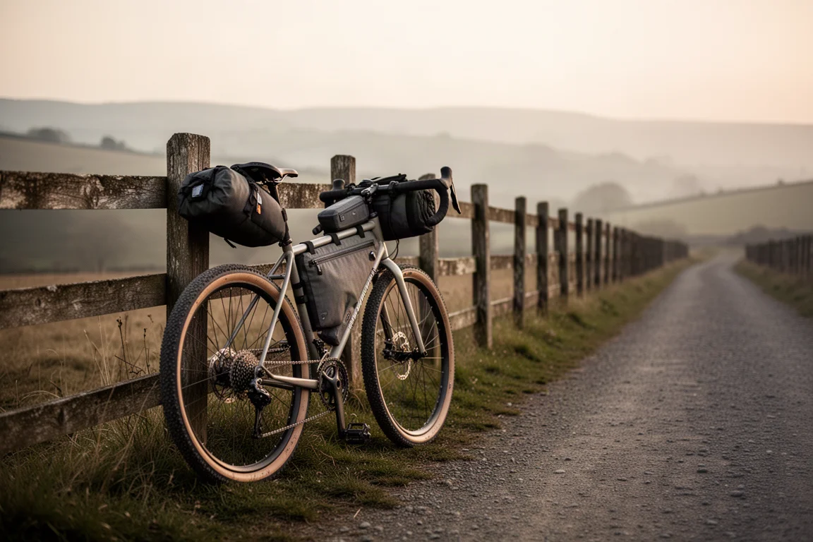 Beladenes Gravelbike mit Bikepacking-Taschen neben einem Feldweg