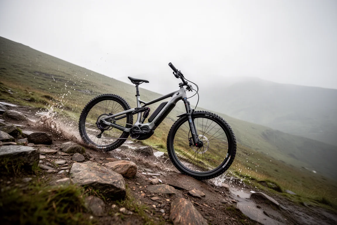 VTT électrique prenant un virage appuyé sur une descente rocheuse mouillée, collines brumeuses en arrière-plan