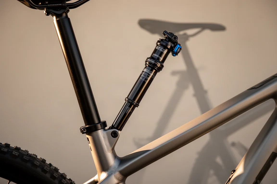 Gros plan sur une tige de selle télescopique à grand débattement sortie d'un tube de selle droit