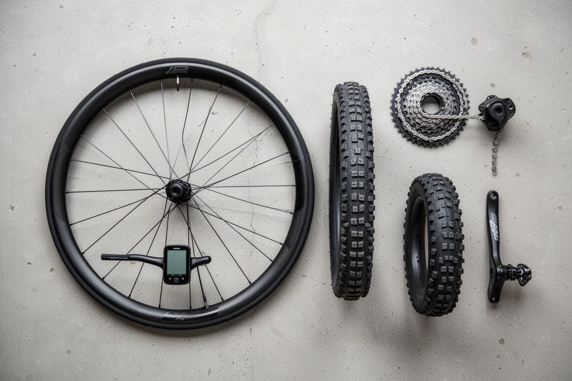 Vue à plat de composants de VTT disposés sur une surface en béton