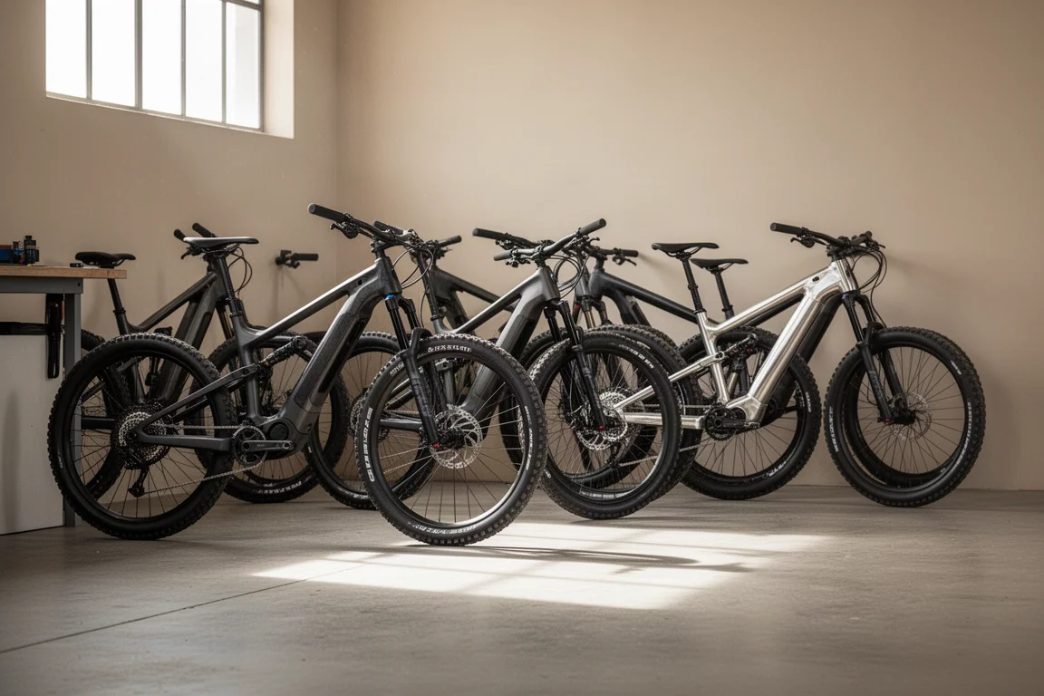 Rangée de VTT électriques garés le long du mur d'un atelier en pleine journée