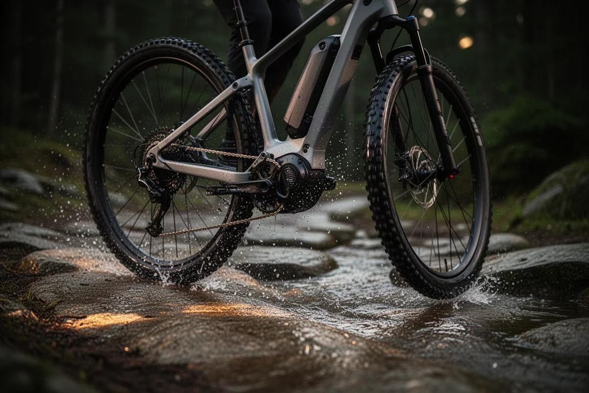 Närbild på en e-MTB-motor och vevparti täckta av stänk från stigen på en blöt klippig stig