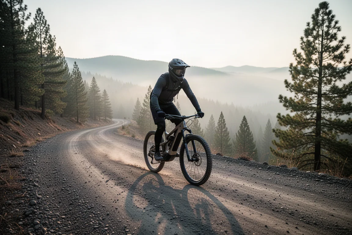 Cyklist som klättrar uppför en brant grusväg på en elektrisk mountainbike i gryningen