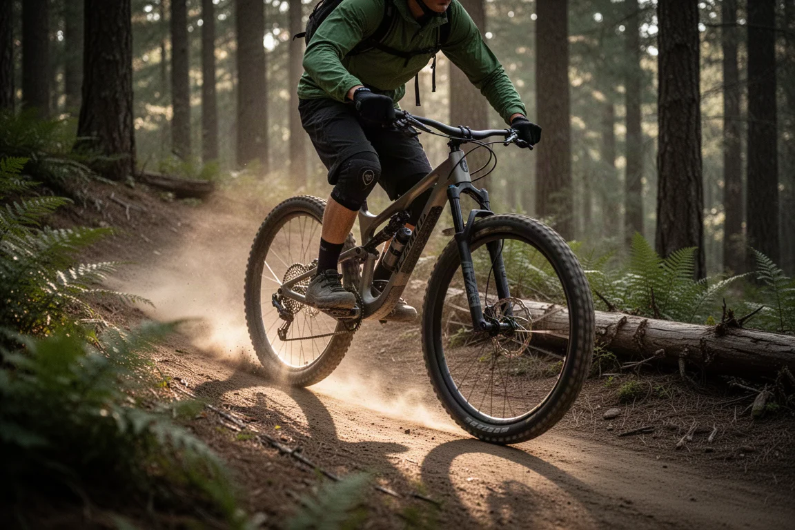 Trailcyklist som tar en kurva på singletrack i tallskog på en helstötdämpad mountainbike