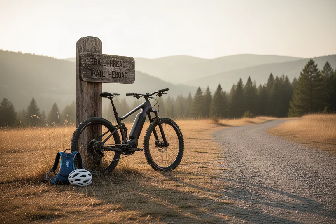 Elektrisk mountainbike lutad mot en ledmarkör i gyllene timmen med en hjälm intill