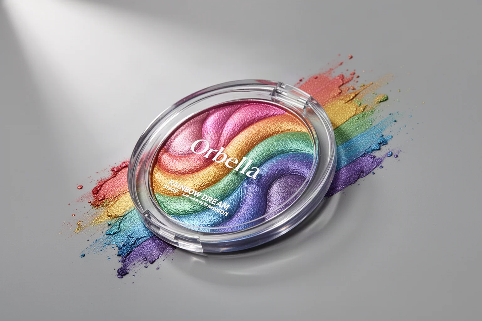 Flachliegendes Arrangement von Beauty-Produkten, darunter Gel-Parfüm, Regenbogen-Lidschatten, Haarfarbe und Nagelstifte