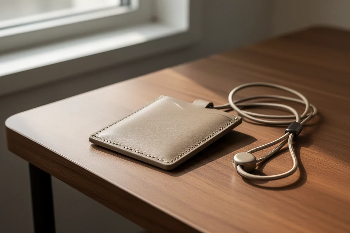 Stone-colored leather ID card holder with retractable cord lying on a wooden desk
