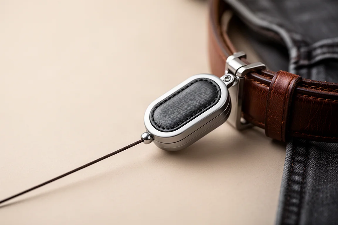 Close-up of a retractable cord mechanism clipped to a belt, cord exiting straight