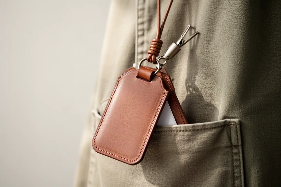 ID card holder rotated 180 degrees showing its blank back while clipped to a pocket