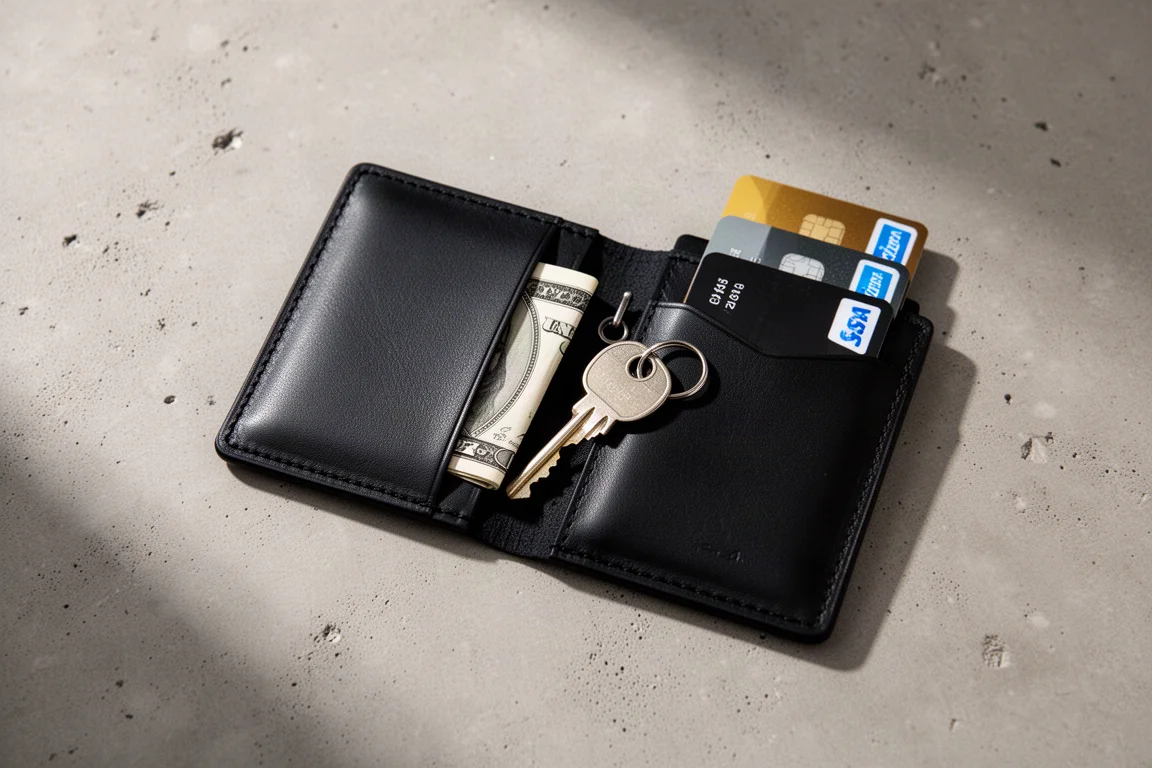 Pro model opened to reveal a slim hidden compartment with a folded note and small key