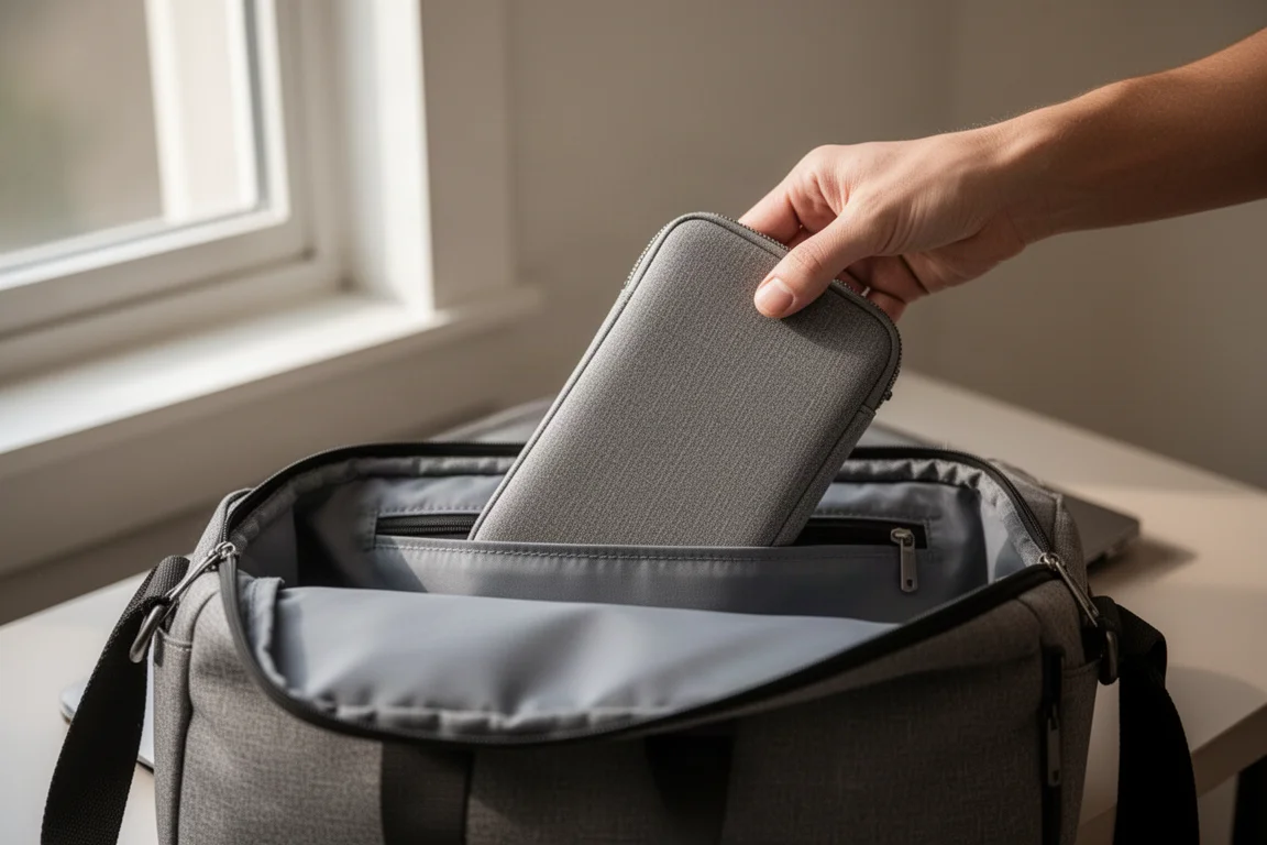 Schlanke Organizer-Tasche, die bei weichem Morgenlicht in die Tasche einer Laptoptasche geschoben wird