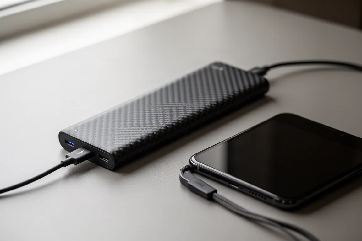Ultraschlanke Powerbank aus Carbon, die am Schreibtisch ein Smartphone lädt