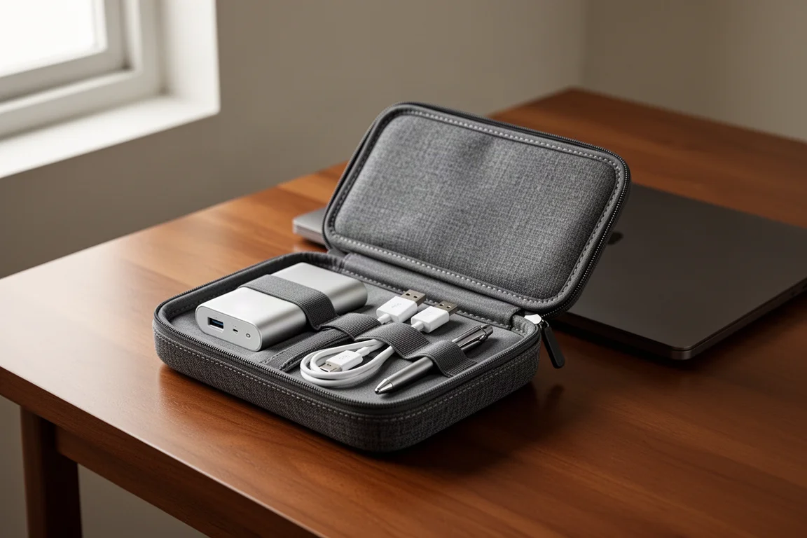 Slim charcoal organizer case open on a desk showing neatly arranged compartments
