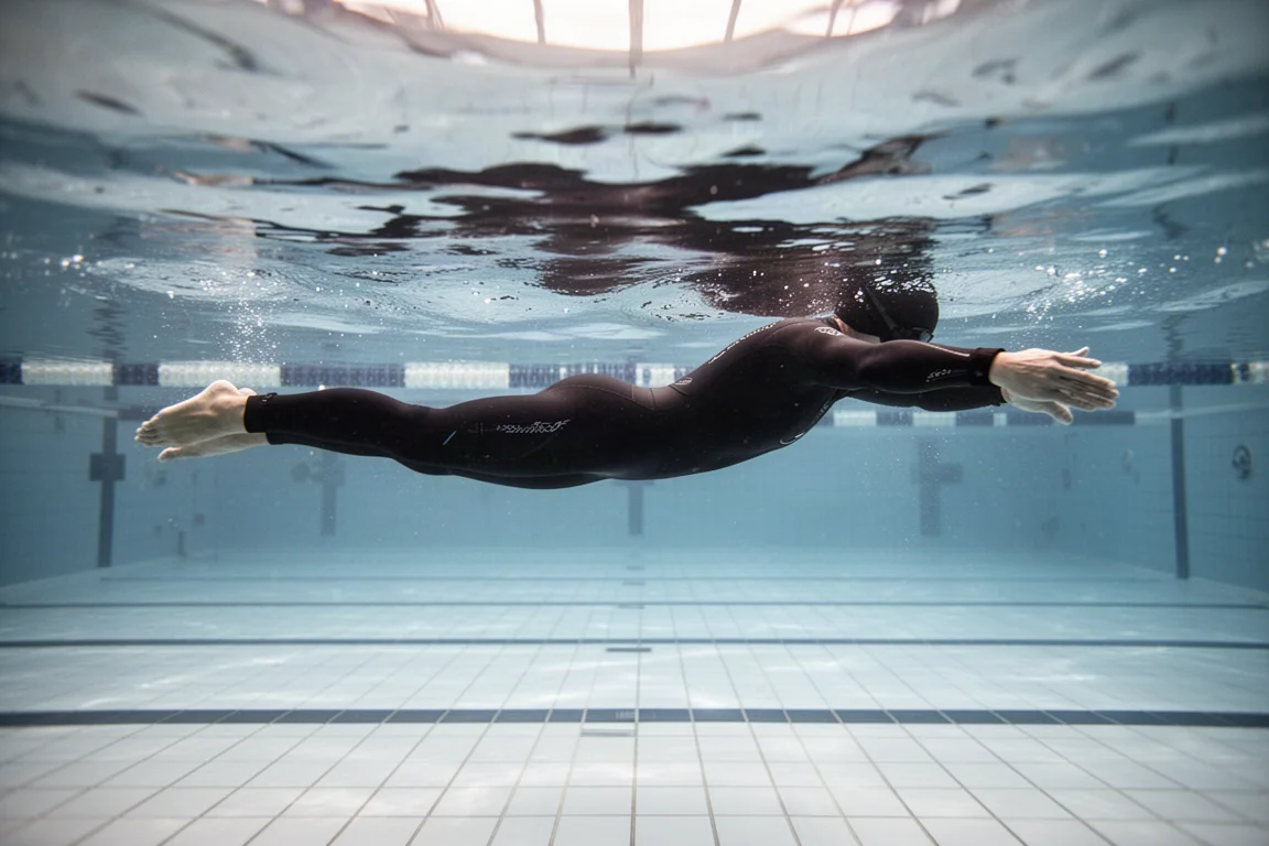 Simmare som håller en horisontell position under vattnet i en klar träningspool