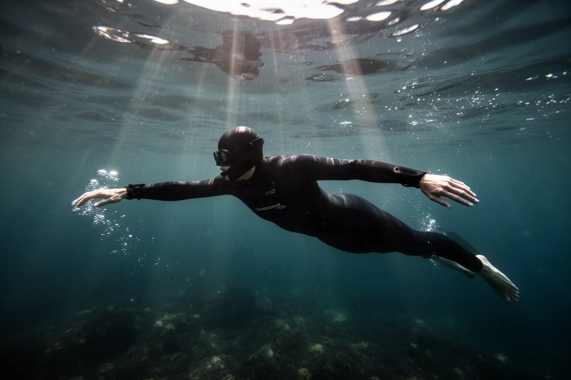 Onderwateropname van een zwemmer die met gestrekte arm door helder water glijdt