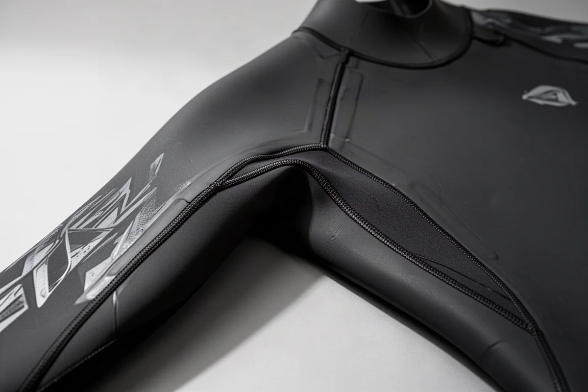 Close-up van schouderpanelen, naden en een mouwgraphic van een wetsuit